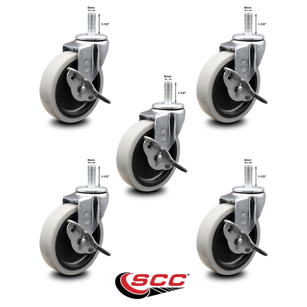 Service Caster 4 Inch Thermoplastic Wheel 8mm Threaded Stem Caster Set with Brakes SCC, 5PK SCC-TS05S410-TPRS-SLB-M815-5
